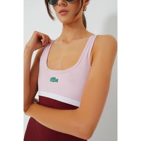 NWOT Women's Lacoste x Bandier All Motion Scoop-Neck Bodysuit in Bordeaux & Pink - Picture 4 of 16